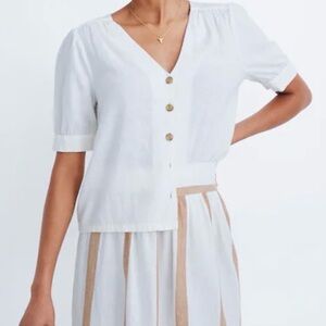 Madewell Shirt White Linen Blend Button Down V Neck Peasant Cottage Core Small